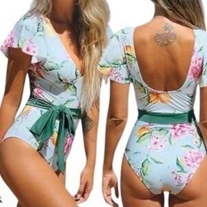 *NWT Cupshe Floral Teal Pink Yellow Lemon Green Tie Waist One Piece Swim Medium